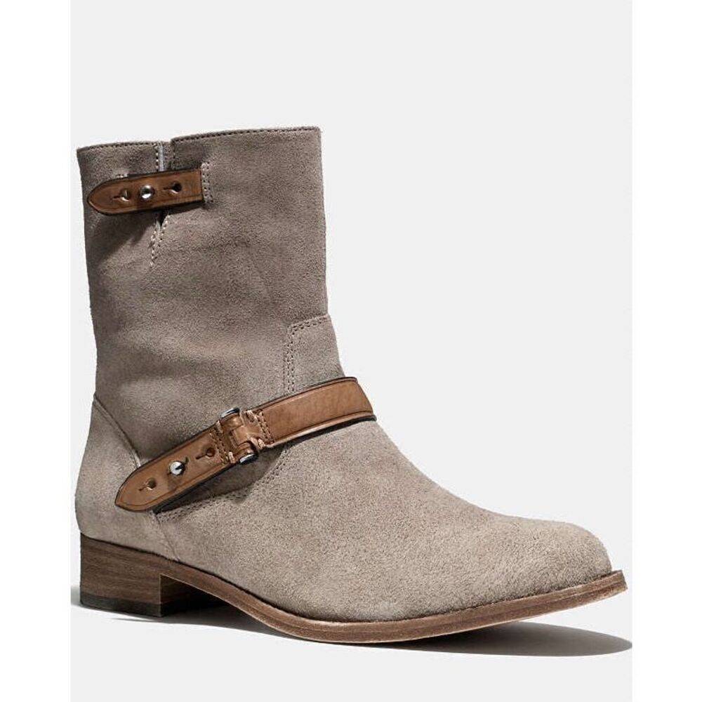 Coach Taupe Suede Mid-Calf Ankle Boots with Brown Leather Straps